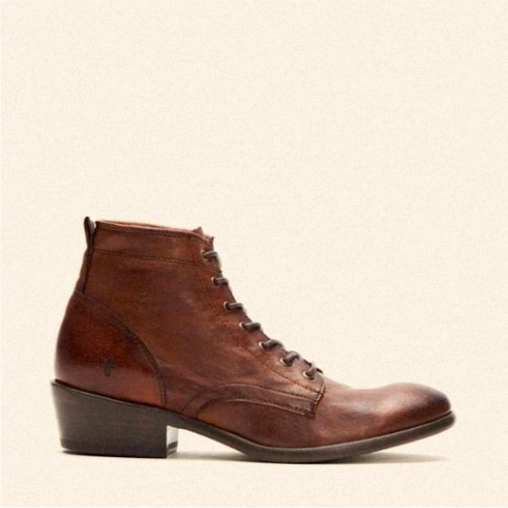 Frye Carson Lace-Up Tan Brown Leather Lace Up Academia Oxford Heeled Ankle Boot - Picture 3 of 16